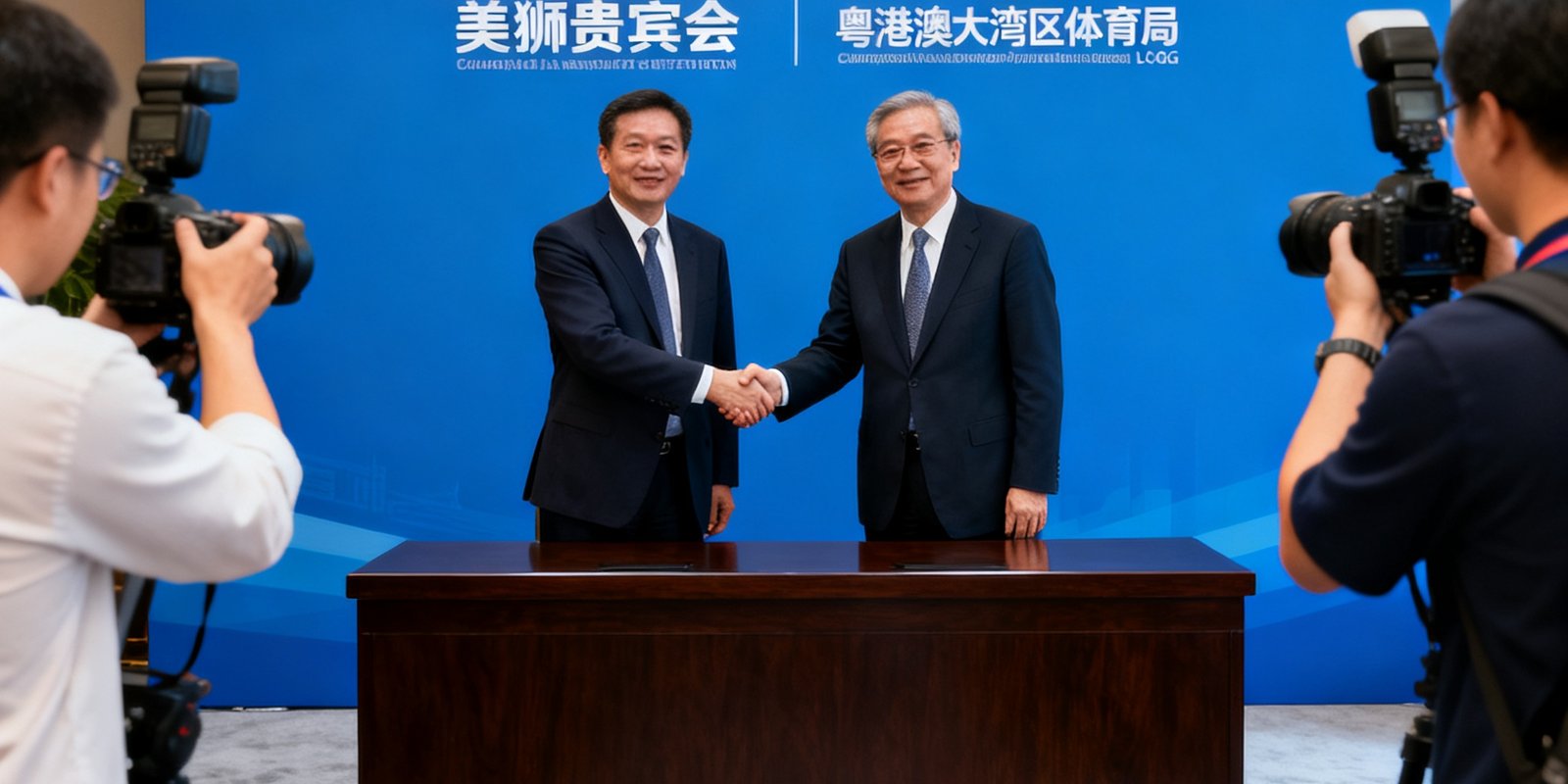 美狮贵宾会代表与粤港澳大湾区体育局领导在签约台上握手，背景是印有双方LOGO的蓝色签约背板，现场有多家媒体拍摄